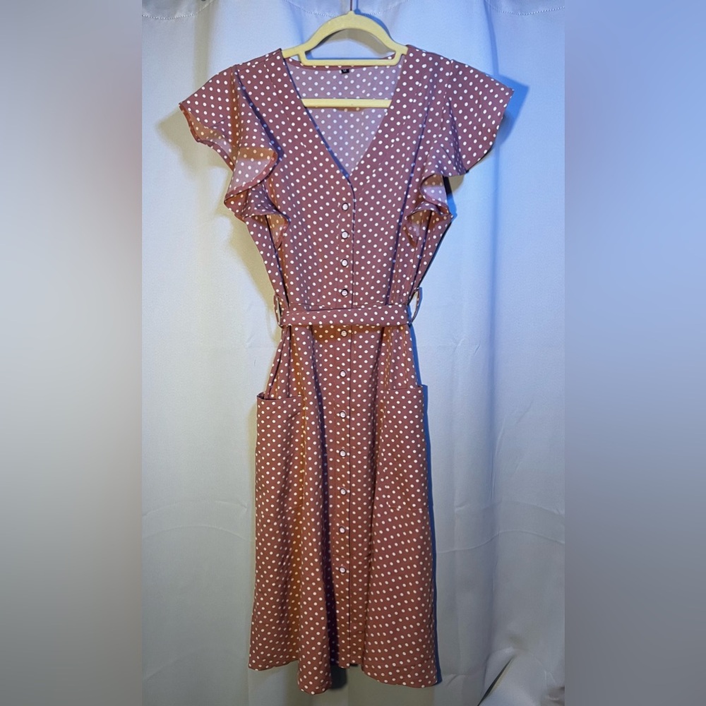 womens pink polka dot button up dress, medium